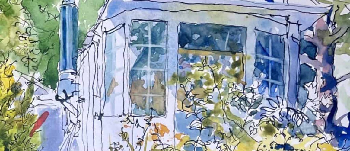 Chalet en bois entouré d'arbres et de végétation en style aquarelle, ambiance naturelle et paisible.